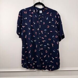 Bossini Womens 2XL Navy Blue‎ Beach Print Short Sleeve Band Collar Button Up